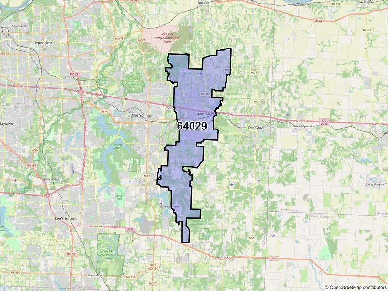 Map of Grain Valley, Missouri and ZIP codes