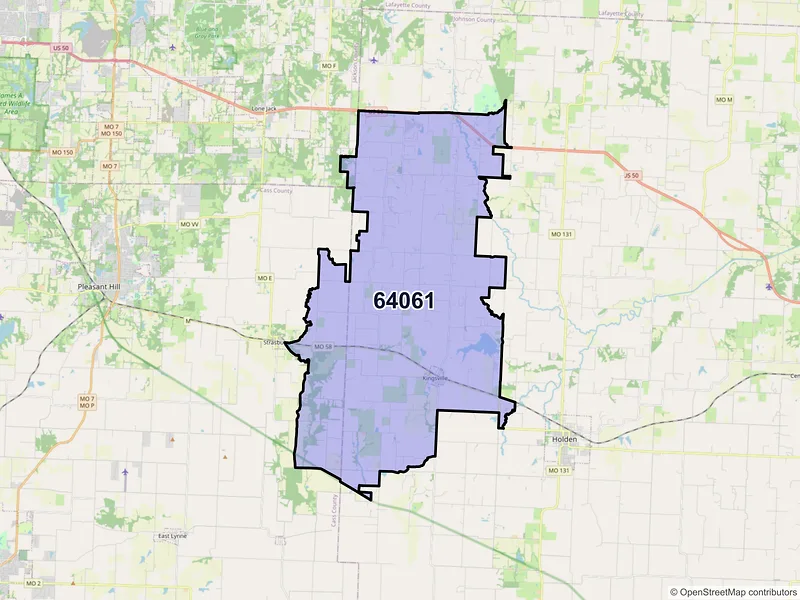 Map of Kingsville, Missouri and ZIP codes
