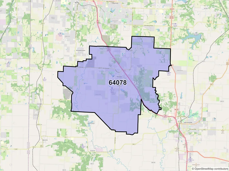 Map of ZIP Code 64078 — Peculiar, MO