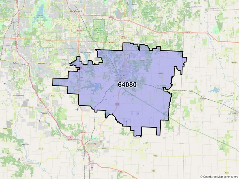 Map of Pleasant Hill, Missouri and ZIP codes