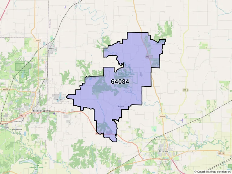 Map of Rayville, Missouri and ZIP codes