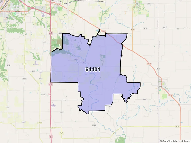 Map of Agency, Missouri and ZIP codes