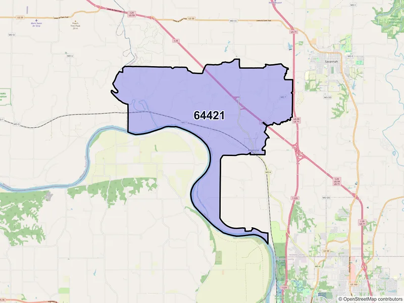 Map of ZIP Code 64421 — Amazonia, MO