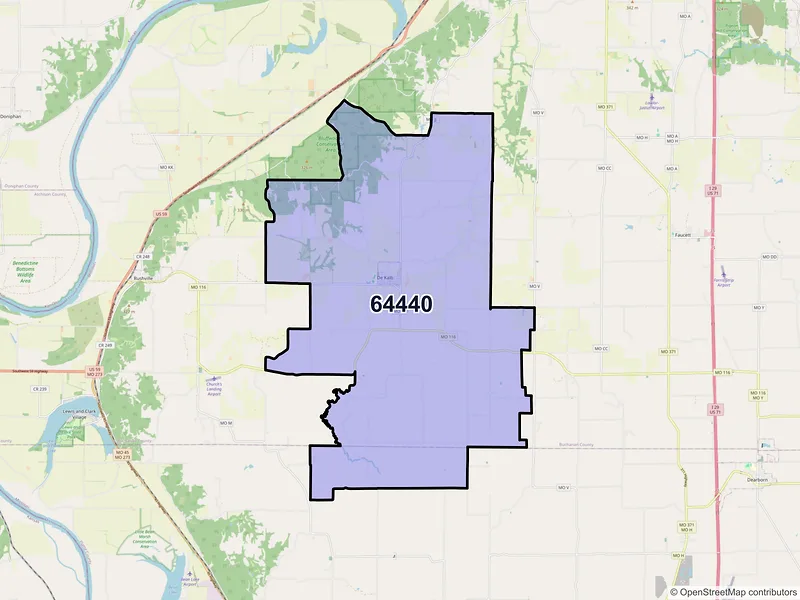Map of De Kalb, Missouri and ZIP codes