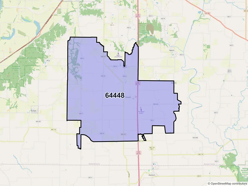 Map of Faucett, Missouri and ZIP codes