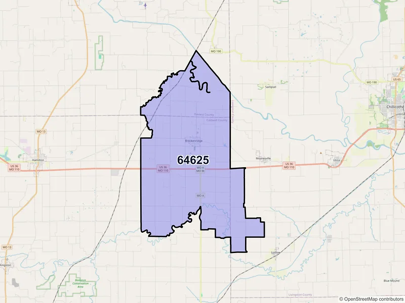Map of Breckenridge, Missouri and ZIP codes