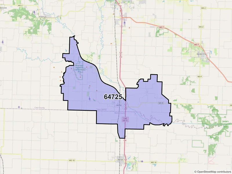 Map of Archie, Missouri and ZIP codes