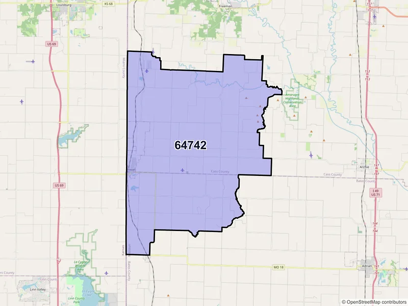 Map of Drexel, Missouri and ZIP codes