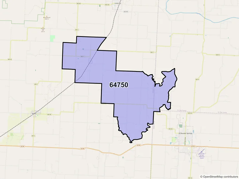 Map of Harwood, Missouri and ZIP codes