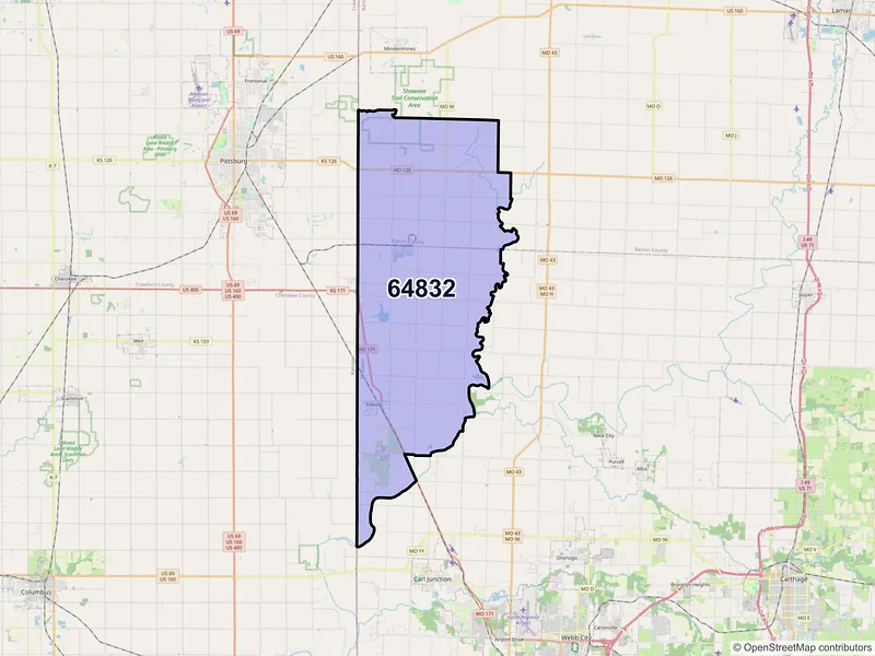 Map of ZIP Code 64832 — Asbury, MO