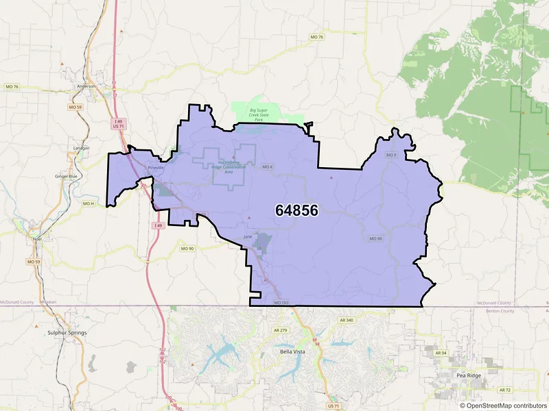 Map of Pineville, Missouri and ZIP codes