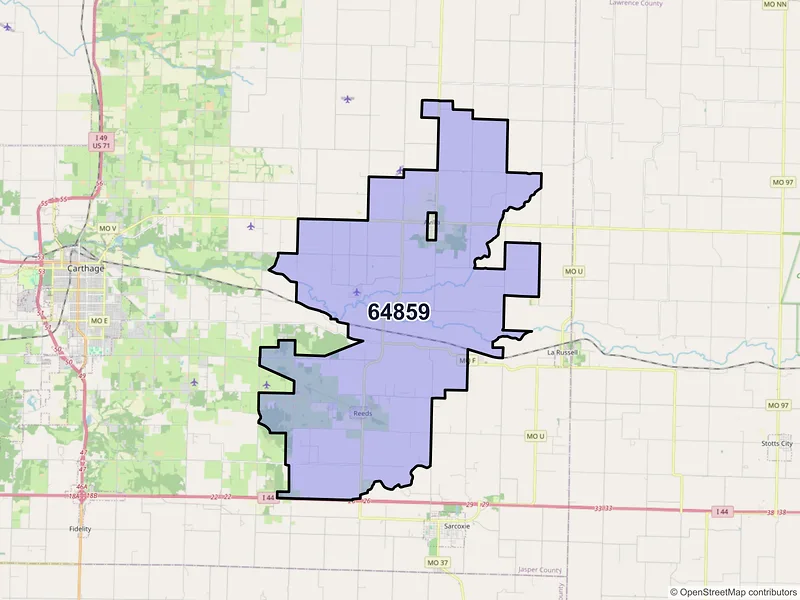 Map of ZIP Code 64859 — Reeds, MO