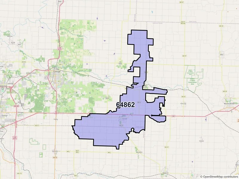 Map of Sarcoxie, Missouri and ZIP codes