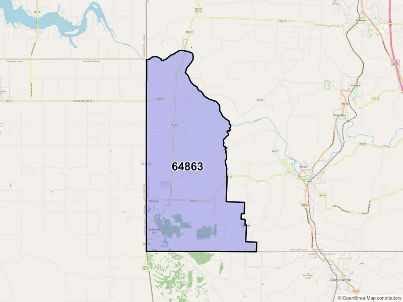 Map of ZIP Code 64863 — South West City, MO