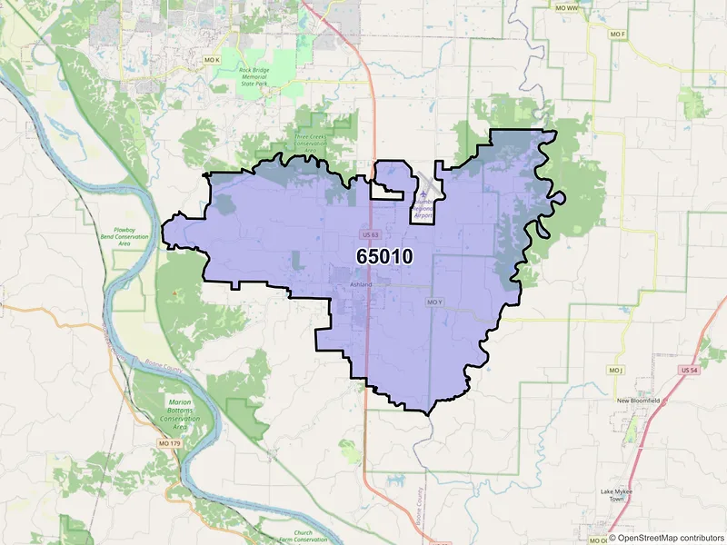 Map of ZIP Code 65010 — Ashland, MO