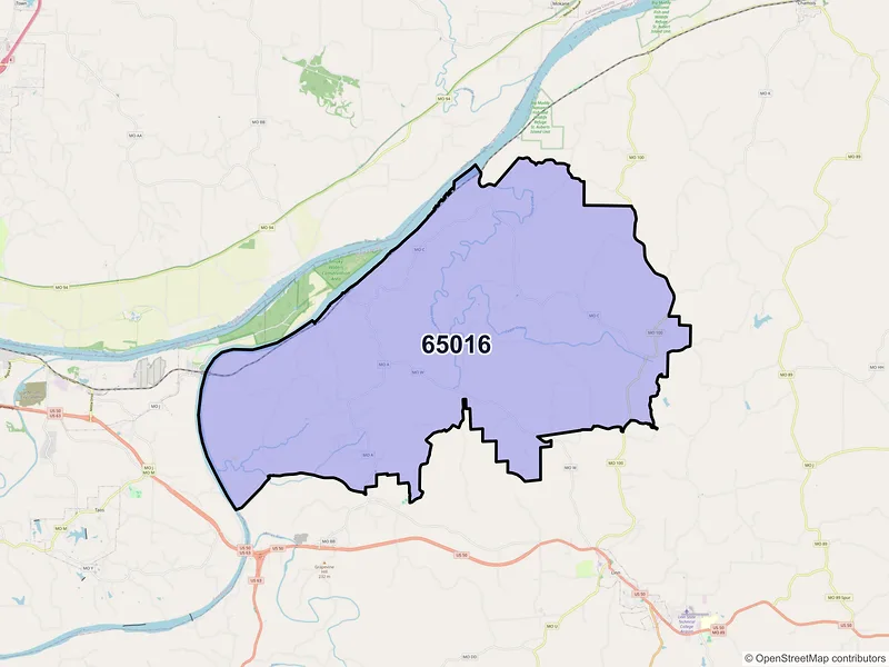 Map of ZIP Code 65016 — Bonnots Mill, MO