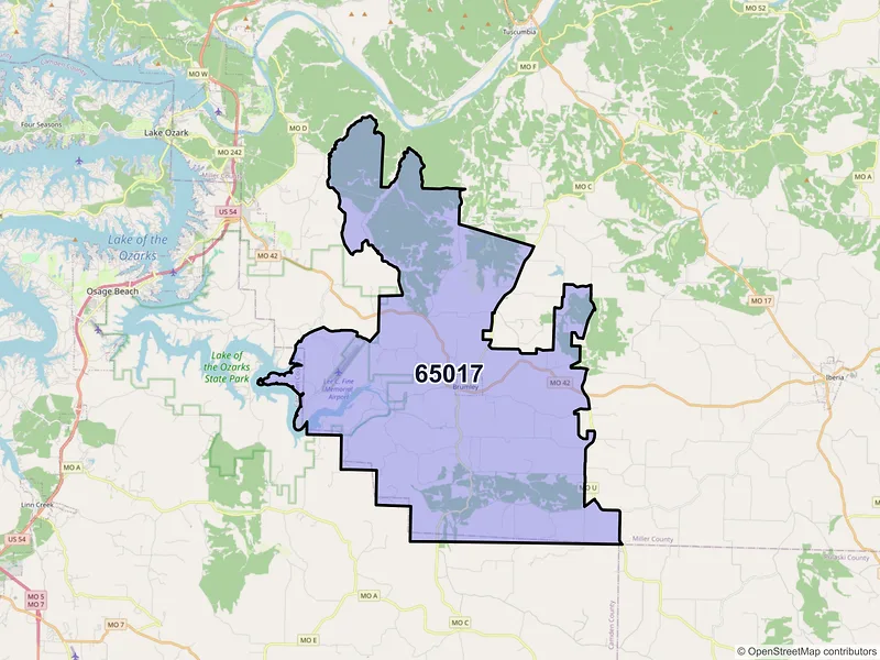 Map of ZIP Code 65017 — Brumley, MO