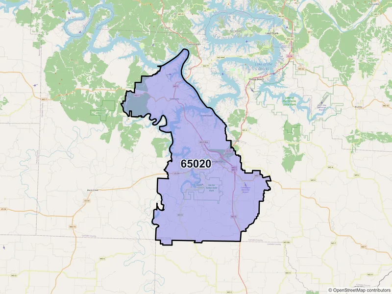 Map of ZIP Code 65020 — Camdenton, MO
