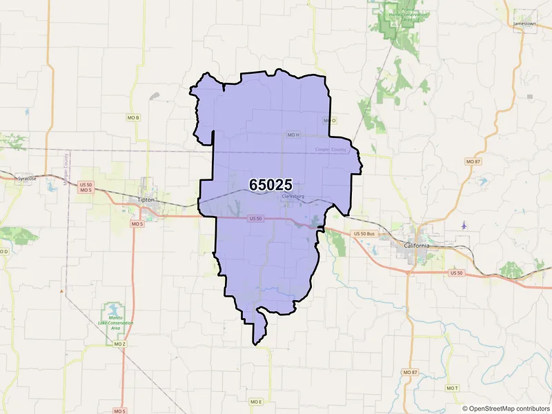Map of ZIP Code 65025 — Clarksburg, MO
