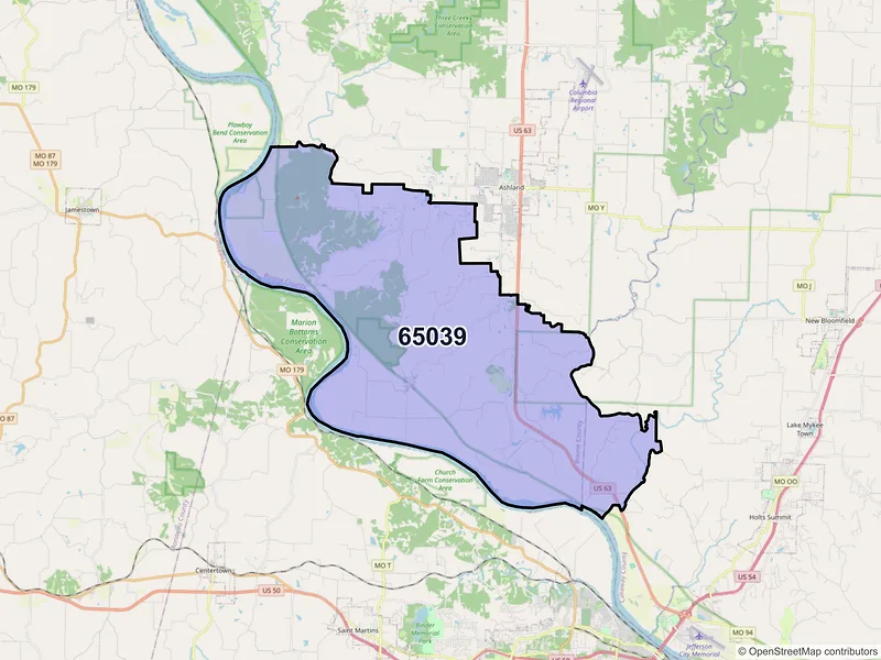 Map of ZIP Code 65039 — Hartsburg, MO