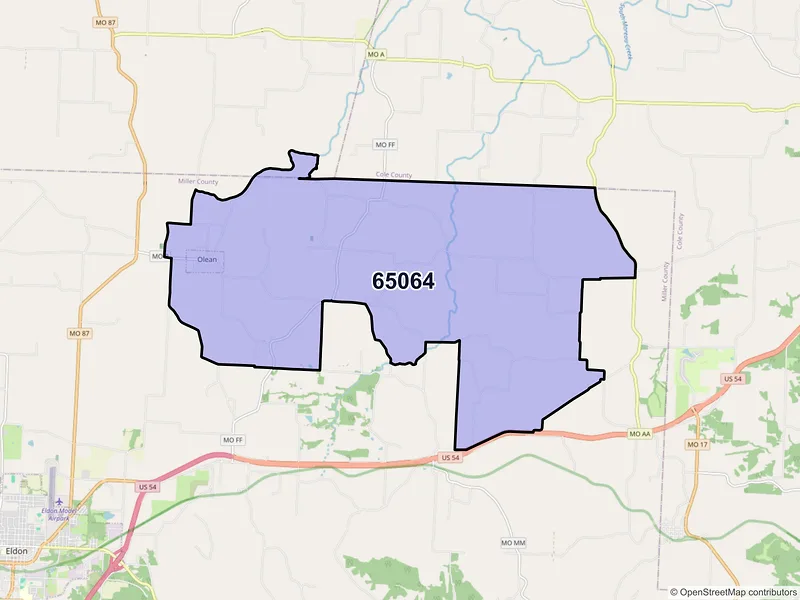Map of Olean, Missouri and ZIP codes