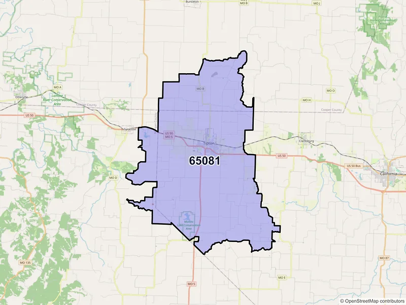 Map of ZIP Code 65081 — Tipton, MO