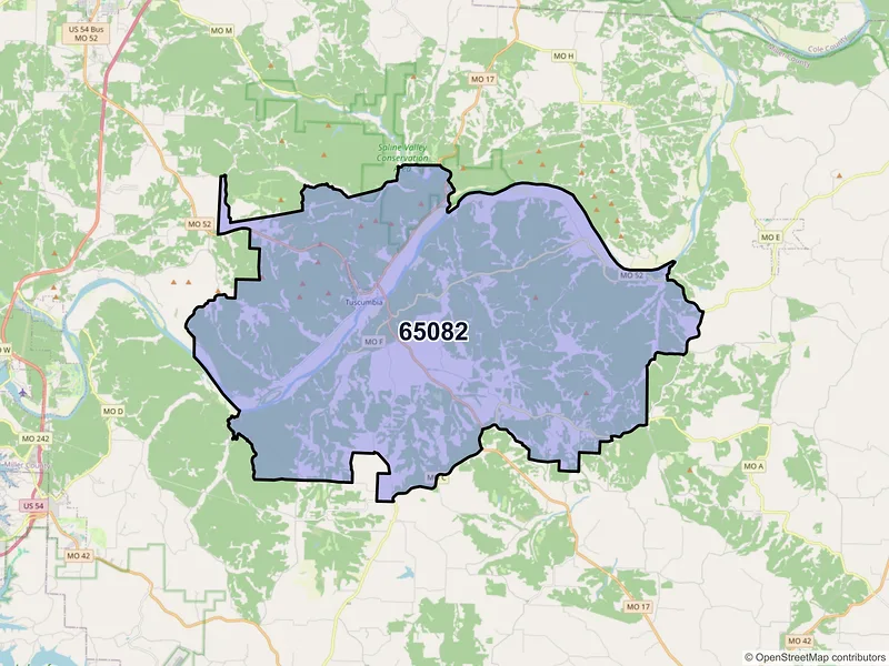 Map of Tuscumbia, Missouri and ZIP codes