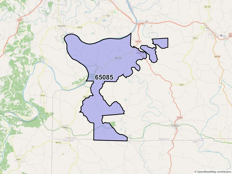 Map of Westphalia, Missouri and ZIP codes