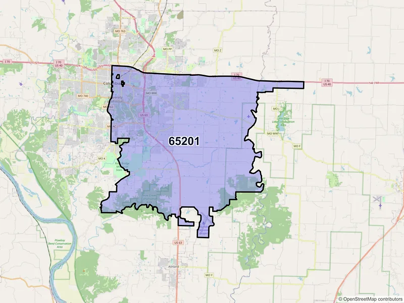 Map of ZIP Code 65201 — Columbia, MO