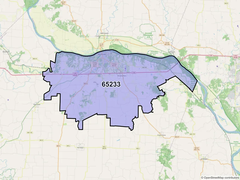 Map of Boonville, Missouri and ZIP codes