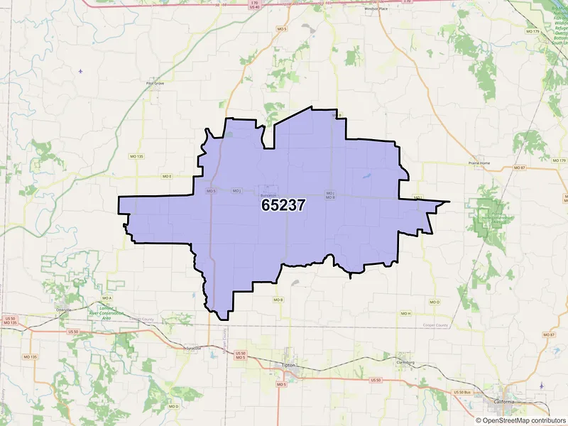 Map of ZIP Code 65237 — Bunceton, MO