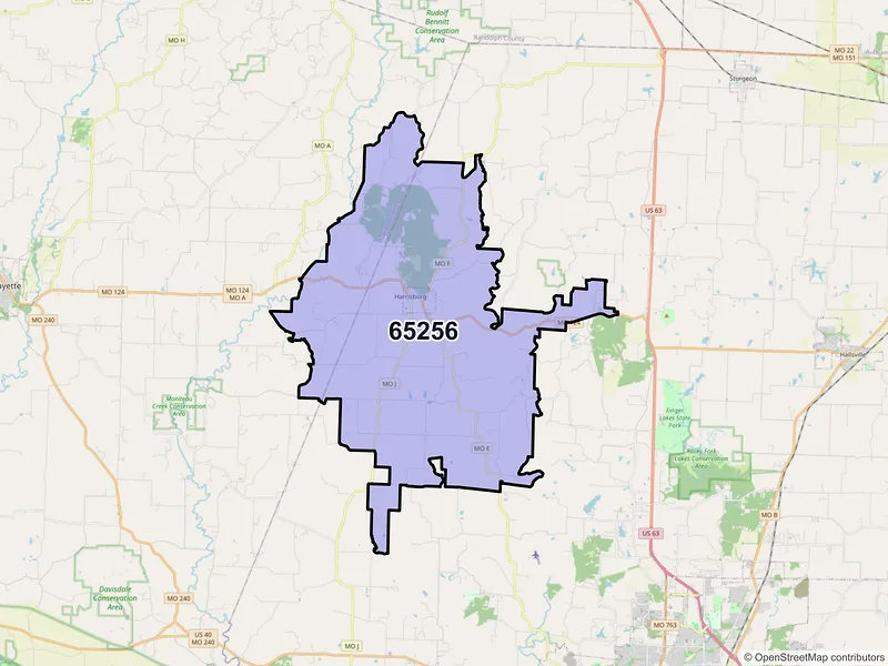 Map of Harrisburg, Missouri and ZIP codes