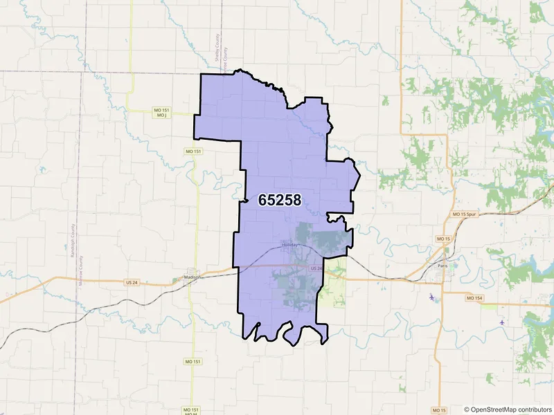 Map of Holliday, Missouri and ZIP codes