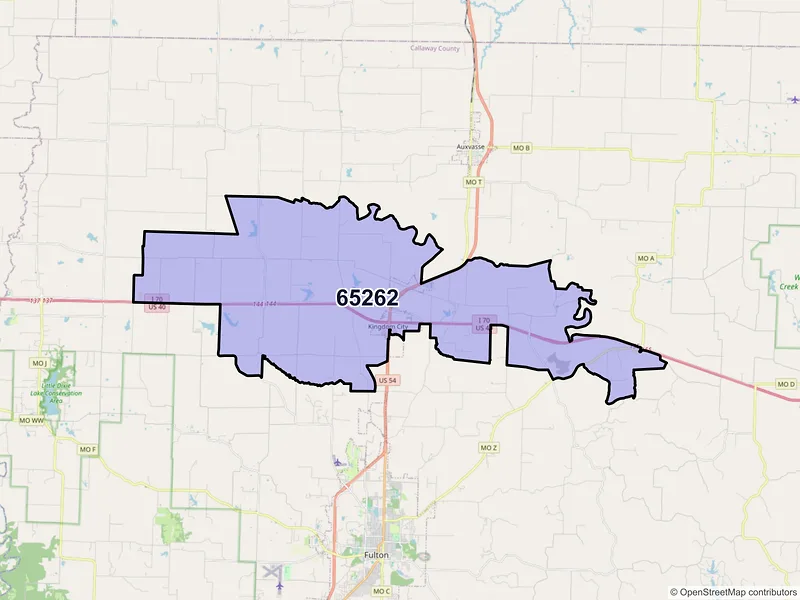 Map of Kingdom City, Missouri and ZIP codes