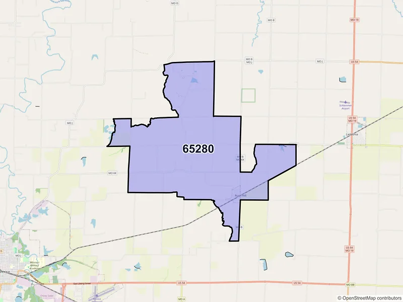 Map of Rush Hill, Missouri and ZIP codes