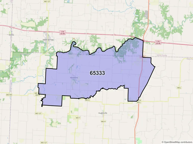 Map of Houstonia, Missouri and ZIP codes