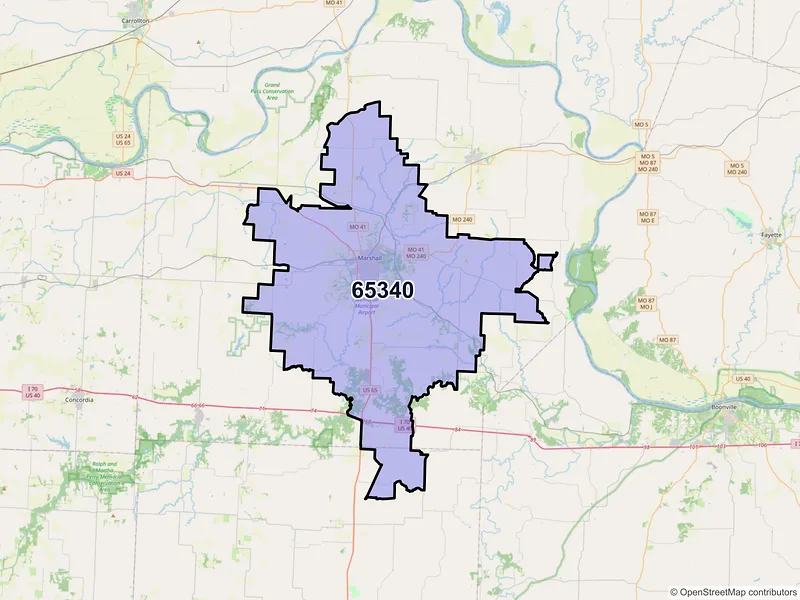 Map of ZIP Code 65340 — Marshall, MO