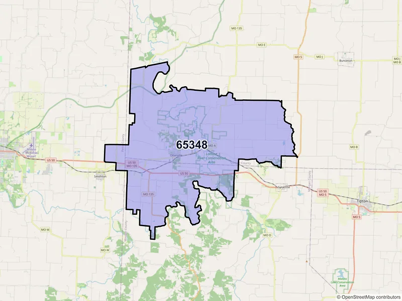 Map of ZIP Code 65348 — Otterville, MO