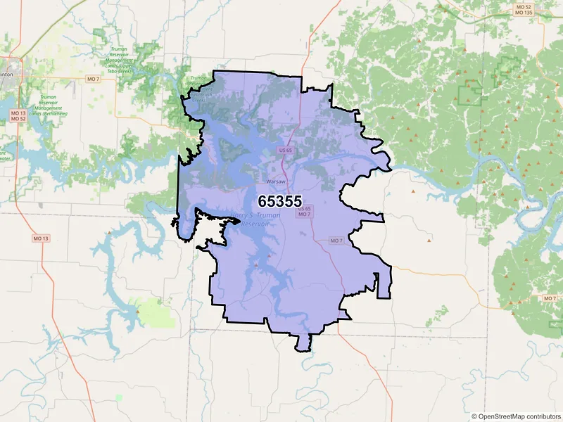 Map of ZIP Code 65355 — Warsaw, MO