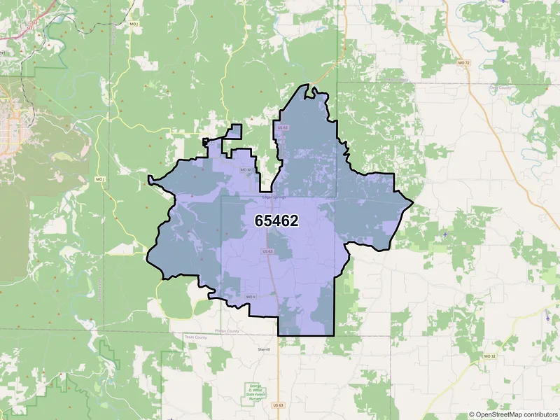 Map of Edgar Springs, Missouri and ZIP codes