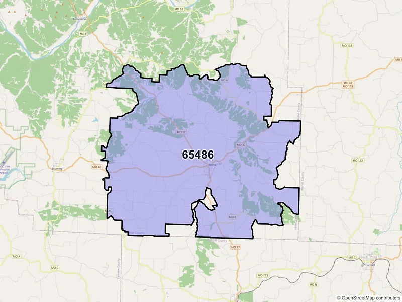Map of ZIP Code 65486 — Iberia, MO