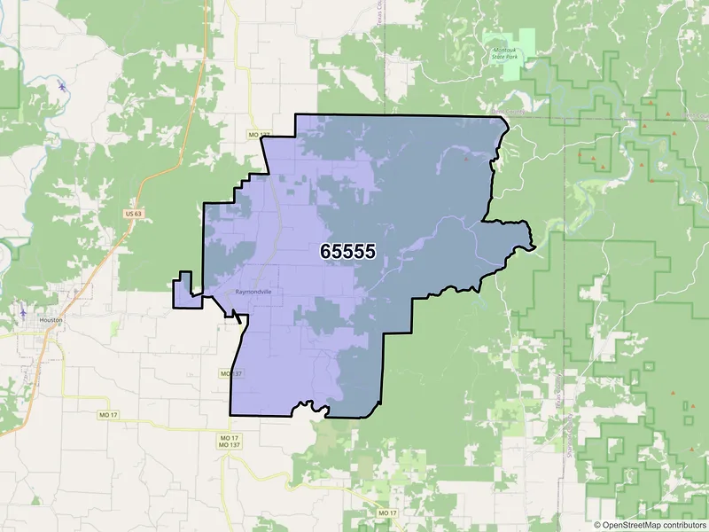 Map of Raymondville, Missouri and ZIP codes