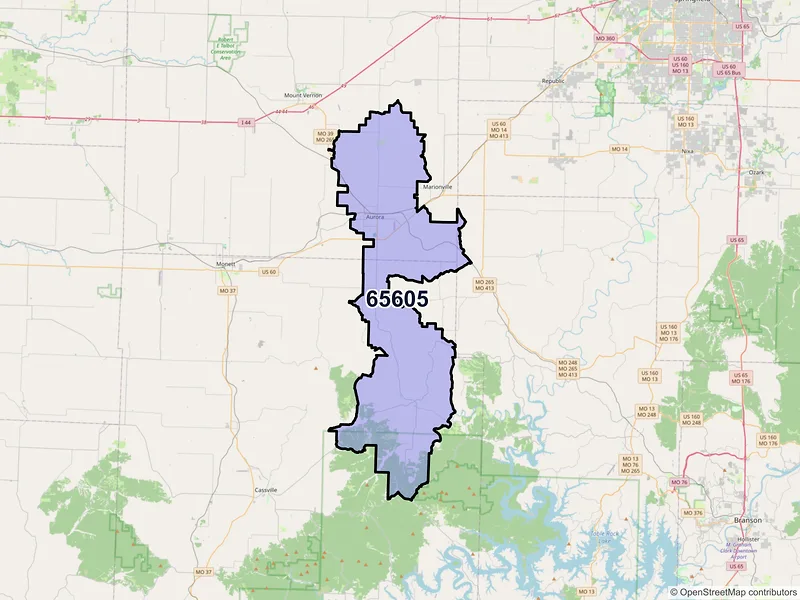 Map of Aurora, Missouri and ZIP codes
