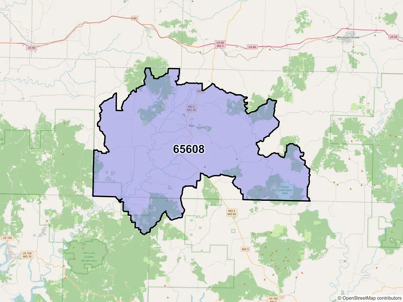 Map of ZIP Code 65608 — Ava, MO