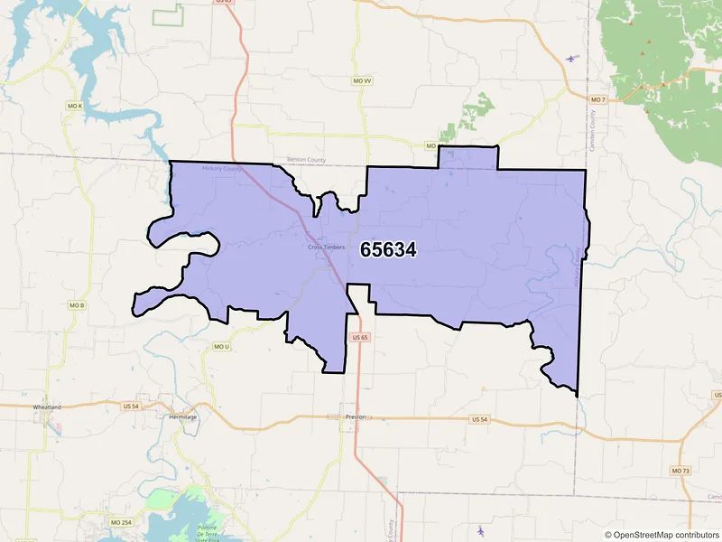 Map of ZIP Code 65634 — Cross Timbers, MO