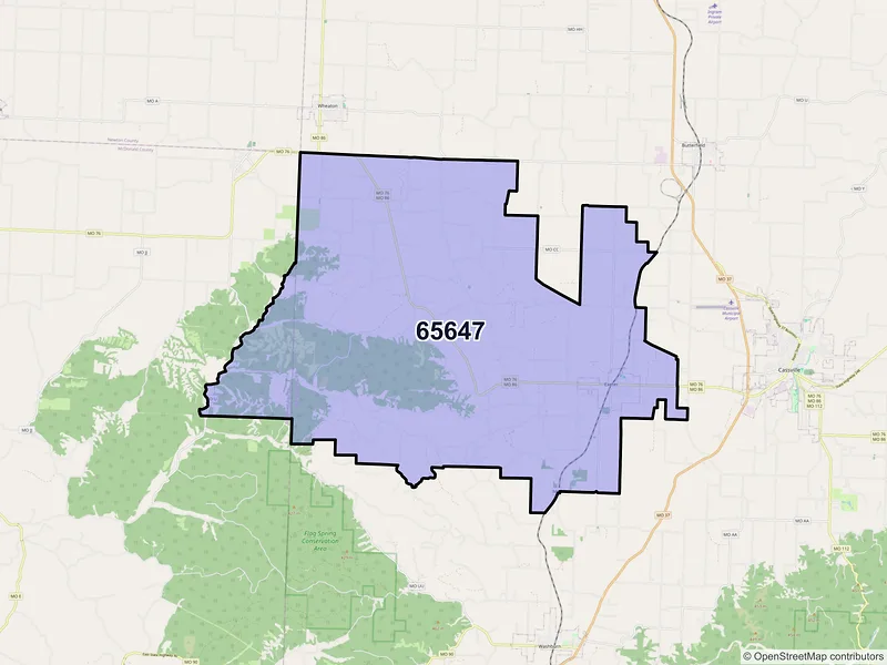 Map of Exeter, Missouri and ZIP codes