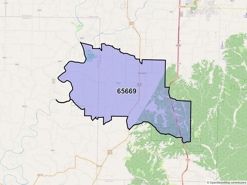 Map of Highlandville, Missouri and ZIP codes