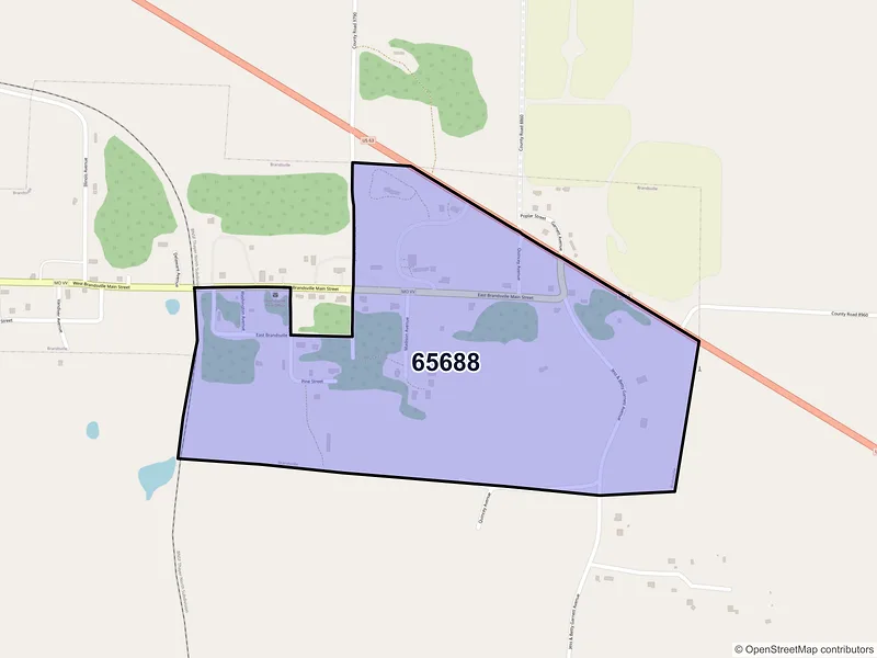 Map of Brandsville, Missouri and ZIP codes