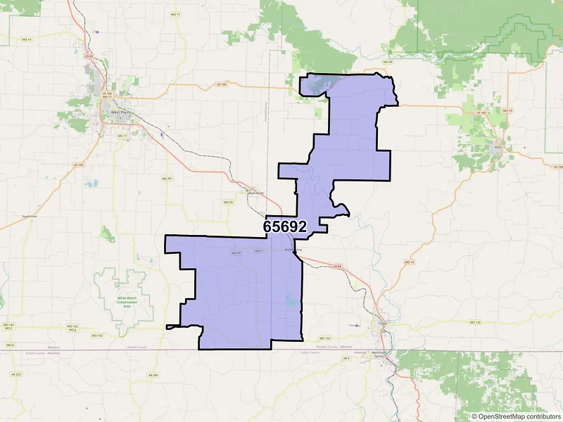 Map of ZIP Code 65692 — Koshkonong, MO