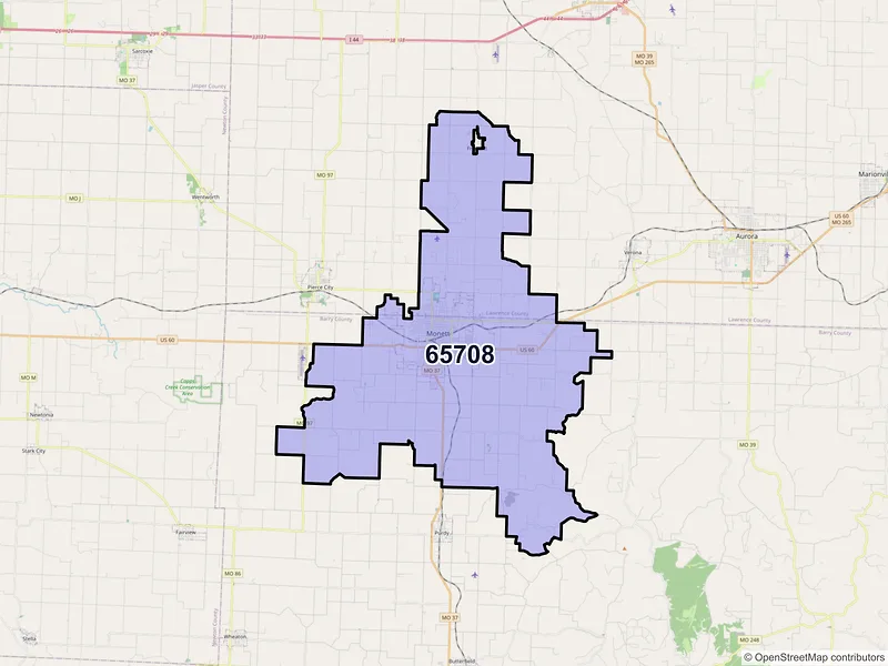Map of ZIP Code 65708 — Monett, MO